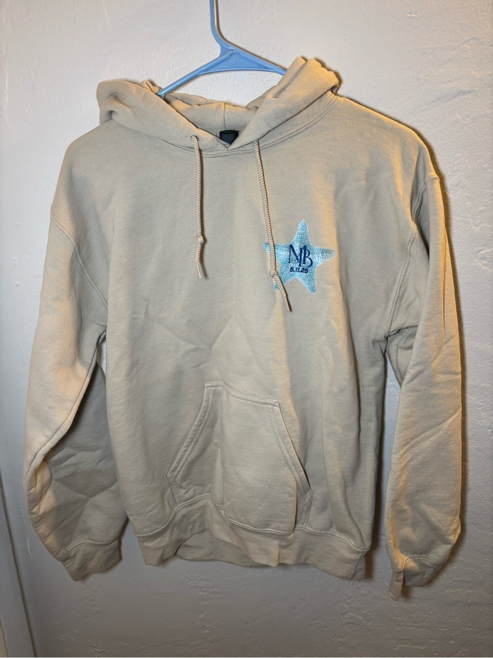 Beige Men's Hoodie with Blue Star Embroidery